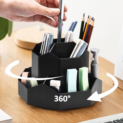 GGIANTGO Pencil Pen Holder for Desk, 9 Slots 360 Degree Rotating Desk Organizer, Cute Pen Organizers Stationery Supplies for Office Home & Art Supply (Black)