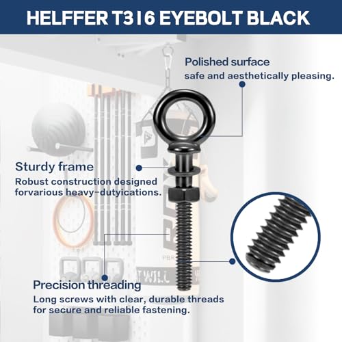Image of Helffer 5 Pack Black Titanium Shoulder Eye Bolt, 1 /4 inch x 2 inch Shank T316 Stainless Steel Heavy Duty Lifting Eyebolts with Nuts Washers & Drill Bit, for Cable Railing, Deck, Marine Grade