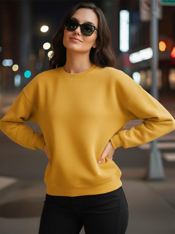 Image of LEOTUDE Women's Full Sleeve Round Neck Loopknit Solid Sweatshirt for Women (Color Mustard)