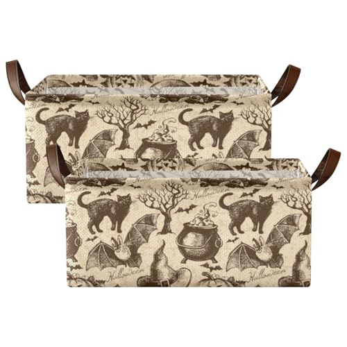 Fygkptb Retro Halloween Seamless Hand Drawn with Cats Bats Hats Pumpkins 2 PC Rectangle Foldable Frame Basket Leather Handles Storage Bin for Laundry Bathroom Organizer 16.9 x 11.4 x 7.7 inch