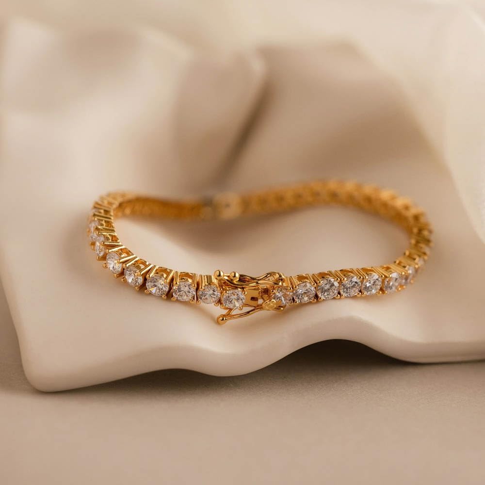CAITLYNMINIMALIST 18K Gold-Plated & Rhodium-Plated Silver CZ Diamond Tennis Bracelet for Women – 3–4mm Dainty Stacking Box Clasp Bracelet (6–7 in)