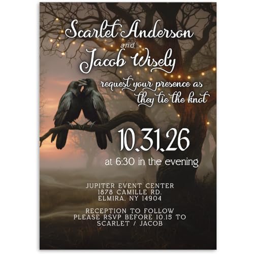 crafty-bell Glossy Cardstock, Vibrant Halloween Wedding Invitation with Ravens, Gothic