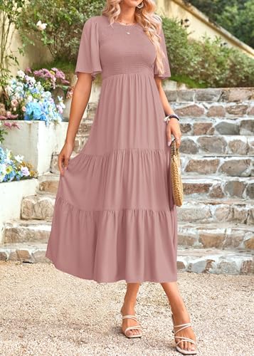 Image of KIRUNDO Summer Dresses for Women 2026 Spring Casual Flutter Short Sleeve Wedding Guest Smocked Flowy Tiered Aline Midi Dress