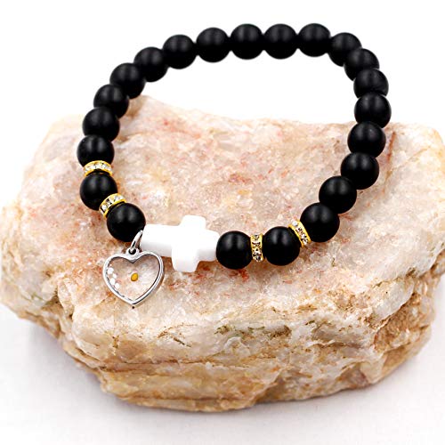 Image of Uloveido Black Agate Side Cross Bracelet Mustard Seed Charms, Personalized Letter A-Z Tiger's Eye Bangle Y944