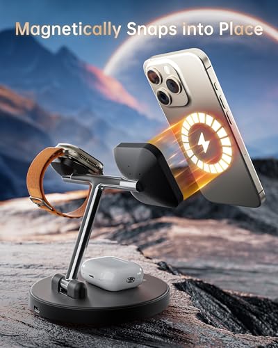 Image of HEYMIX 3-in-1 Magsafe Wireless Charger, Fast Wireless Phone Charging Dock Compatible with Apple, Magnetic Wireless Charging Stand Compatible with iPhone 15 /14 /13 /12 (T20-B)