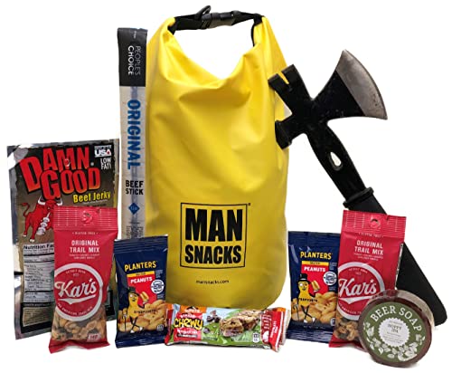 Product Image of the ManSnacks - CAMPING GIFT SET - Awesome Gear and Grub For Men Who Love The Outdoors And Camping, All Packed In A Fun, Manly Gift Box. 3 Function Axe, Waterproof Dry Bag, Beer Soap, and Lots of Snacks.
