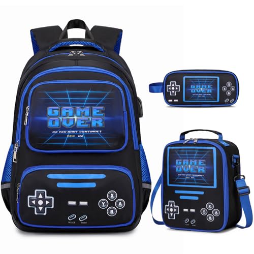 ACESAK Mochila Gamer para meninos – Mochila escolar luminosa legal com lancheira estojo de lápis, Preto, Medium