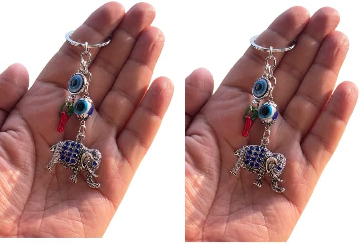 BLUE BEADS Silver and Blue Evil Eye with Elephant Design Keychain For Bike/Car Gifting With Key Ring Anti-Rust (Pack Of 2)