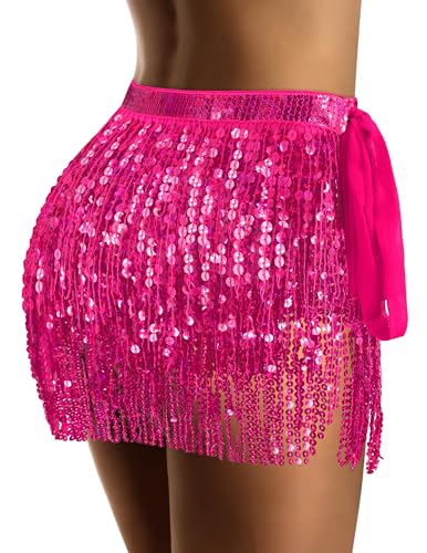 qikqik Sequin Skirt for Women Sparkly Skirt Tassel Skirts Halloween Sequin Fringe Skirts Belly Dance Glitter Rave Outfit Wrap2