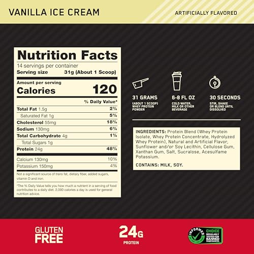 Image of Optimum Nutrition Gold Standard Whey Protein Powder, Vanilla Ice Cream, 1LB | 24g 100% Whey Protein Per Serving, with BCAAs, Gluten Free, Banned Substance Tested, Easy Mixing, Muscle Support & Recovery