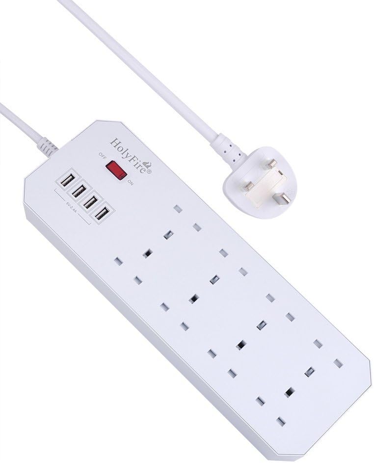 Holyfire 8 Way Outlet 4 USB Ports Extension Lead Power Strip Surge Protector USB Charger Power Socket with 5.9ft Power Cord USB Charging Port (White)