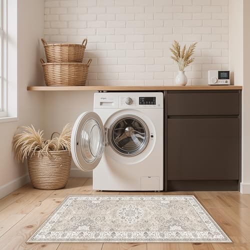 Washable 2x4 Entryway Area Rugs: Vintage Water Resistant Kitchen Rug Non-Slip Durable Doormat Ultra Soft Living Room Bedroom Carpet Indoor Low Pile Floor Mat for Bathroom Dining Room(2x4,Beige)