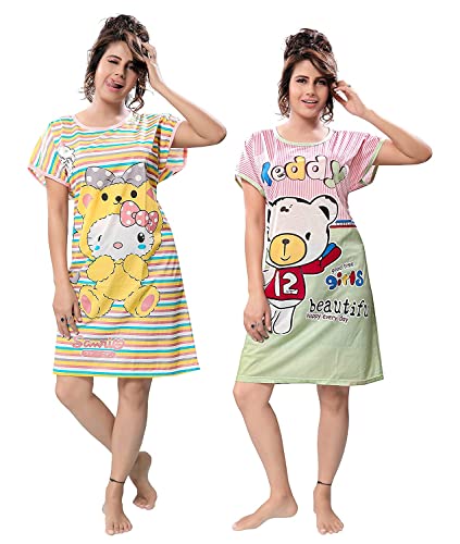 Image of New Crush Women's Cotton Hosiery Cartoon Print Knee Length Nighties /Nightwear (Multicolor, Free Size, Combo Pack)