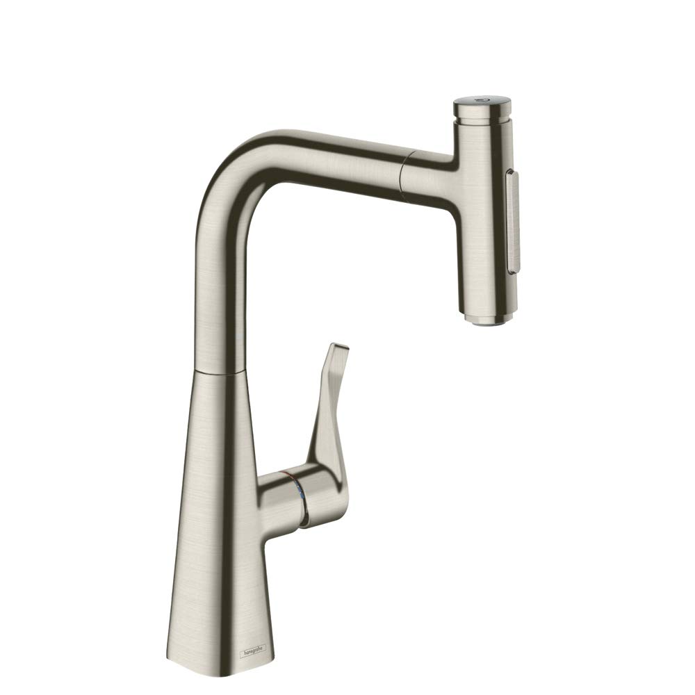 hansgrohe Metris Select Stainless Steel Bar Kitchen Faucet, Kitchen Faucets with Pull Out Sprayer, Faucet for Kitchen Sink, Stainless Steel Optic 73817801
