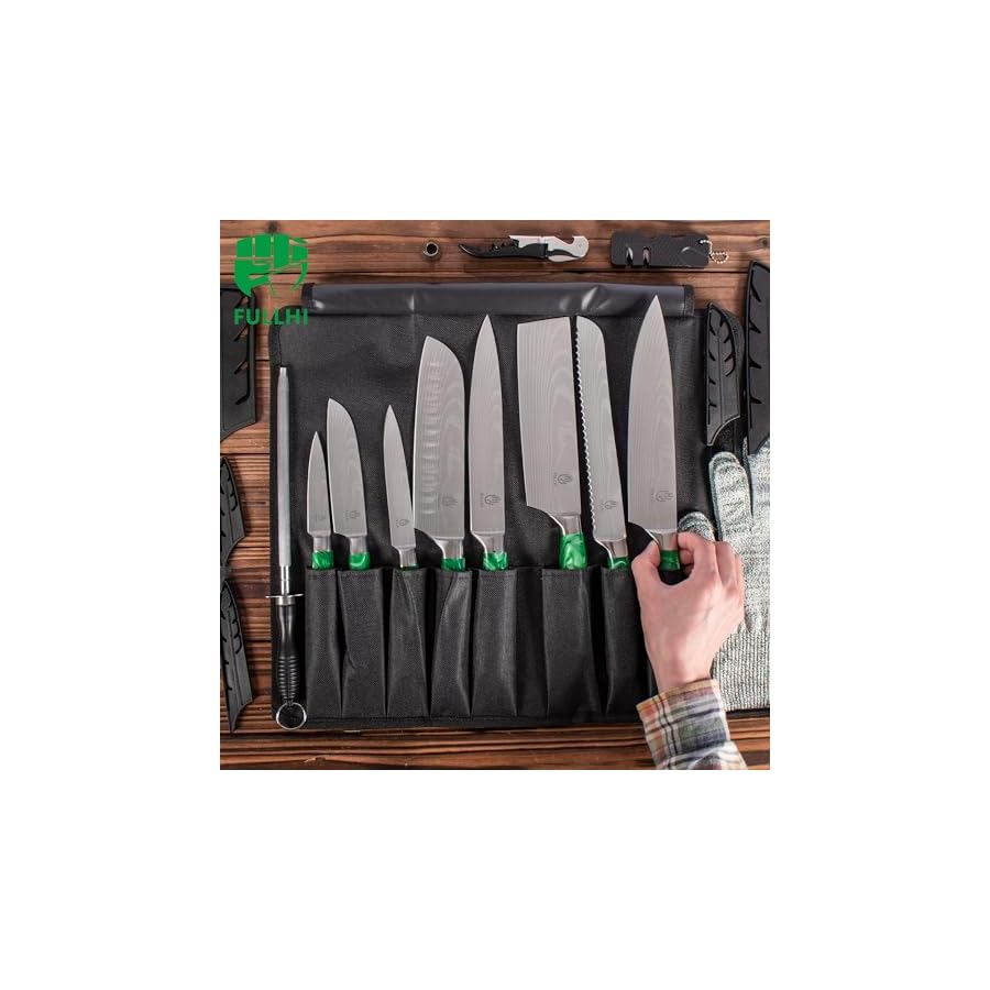 FULLHI 15pcs Japanese Knife Set with Magnetic Knife Block Holder, Japan Stainless Steel Blades, Green Resin Ergonomic Handles for Professional and Home Cooking