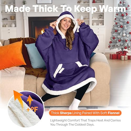 Image of Giggling Getup Wearable Blanket Hoodie for Women Men Gifts for Women Mom Wife Sherpa Fleece Hooded Blanket Sweatshirt Warm Cozy Sherpa Wearable Throw with Pocket & Sleeves for Adult Standard Purple