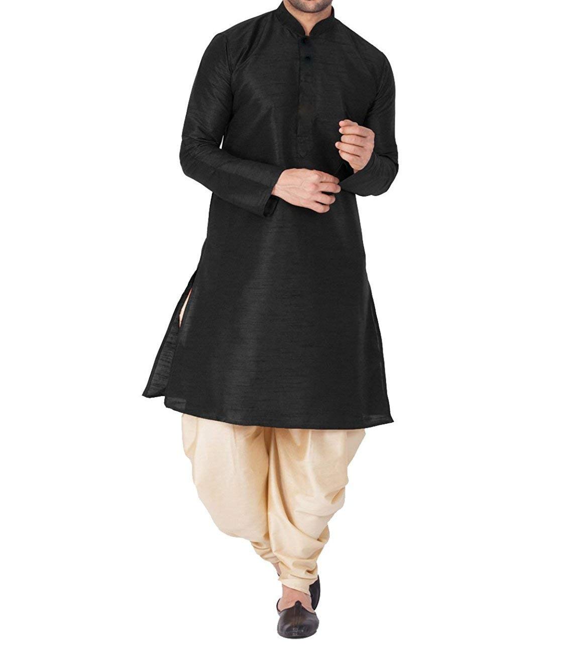 royal kurta Men's Silk Blend Pathani Kurta Salwar Set (40, Black-Gold1)-picture-31