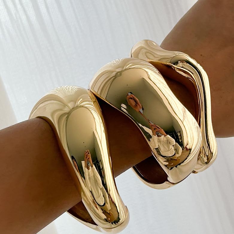 ALEXTINA Chunky Gold Bracelets Set for Women 18K Gold Plated High Shine Bracelets Minimalist Open Wide Cuff Bracelets Gold Cuff Bracelet Trendy Gold Bangle Bracelet3