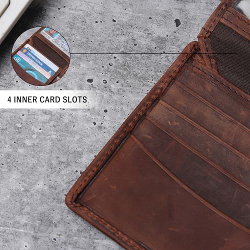 100% Genuine Hunter Leather, RFID Blocking, Bifold Wallet, Thin & Stylish with ID Window Brown Colour, Secure, Durable Extra Capacity with 9 Credit Cards slots, Gift for Him2