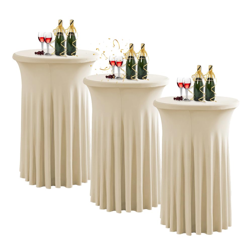 80cm Nappe Mange Debout pour Table Haute avec Jupe, 2/3/4/5pcs Housse pour Table Haute de Reception Ronde, Nappe de Cocktail pour Mariage événement Bistrot,Champagne,3pcs