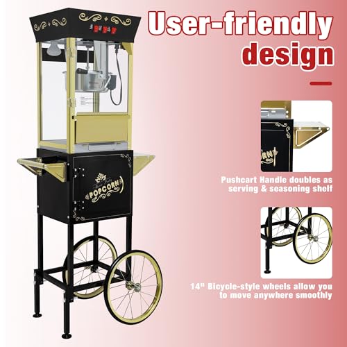 Image of 12 oz Popcorn Machine Cart - Commercial Vintage Popcorn Maker with Storage Stand, Stainless Steel Kettle & Tempered Glass, Ideal for Home Theater, Party Concessions and Carnival Events (Black)