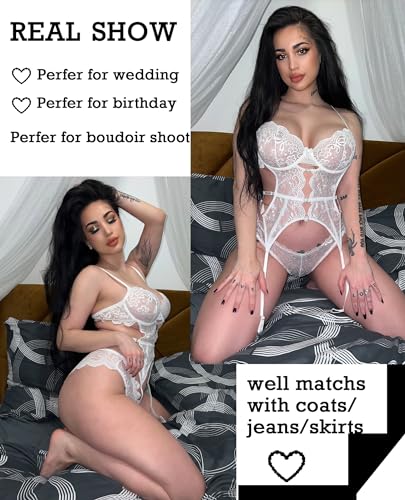 Image of Avidlove Women's Underwire Lingerie Set with Garter Belt Sexy Lace Bodysuit Cut Out Rhinestone Teddy Lingerie (No Stockings)