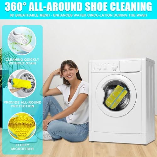 XXL Schuhwaschbeutel Waschmaschine - 2er-Pack Wiederverwendbar Schuhe Waschbeutel, 360° Tiefenreinigung für Sneaker, Tennisschuhe und Slippers, Inkl. 2 Staubdicht Schuhsack (Gelb)