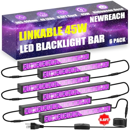 NEWREACH 45W*6 Linkable Black Light Bar LED Blacklight with 6.6ft Cord, Glow in The Dark Each Light Up 28x28ft for Neon Party, Body Paint, Fluorescent Poster, Birthday, Halloween, Bedroom