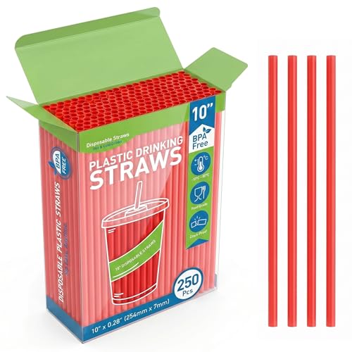 FAONIE 250Pcs Disposable Plastic Drinking Straws 10 X 0.28 Inch Long Straight Straws BPA-Free Food-Grade PP Heavy Duty Straws for Drinks Kitchen Club Bar & Party (Red)