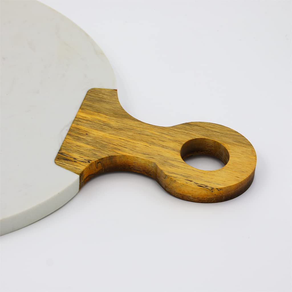 Kadum Tabla de Servir Carrara de Mármol Blanco y Madera de Acacia Con Mango, Redonda para Desayuno, Cocina y Queso, Diámetro 25 cm