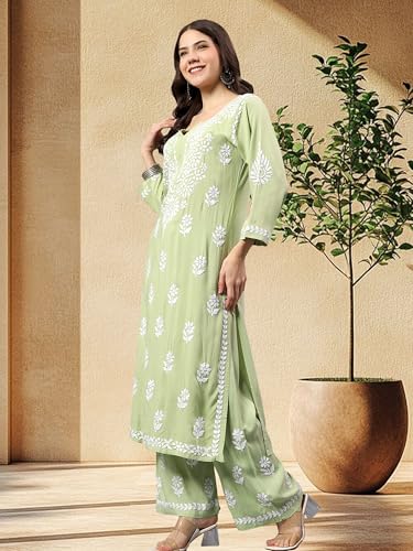 Image of Seva Chikan Hand Embroidered Lucknowi Chikankari Rayon Kurta and Palazzo Set SCL8037