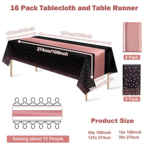 16Pack Disposable Plastic Tablecloths And Satin Table Runner Set Black And Rose Gold Dot Tablecloth Gold Satin Table Runner For Wedding Birthday Baby Shower Anniversary Christmas New Year Party Supply #TOP1
