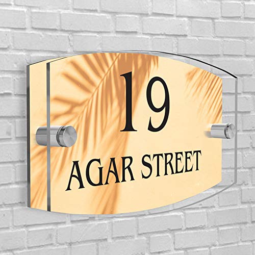Personalised House Number Plaque in Arc- Rectangle shape Glass Effect Acrylic Sign Door Plate Wall Display in Premium Quality 2 Part Acrylic- Choose Your Own Design & Font (Brown Leaf)