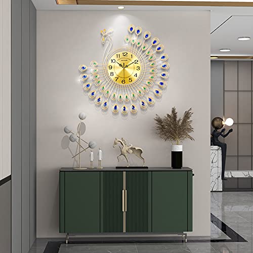 NEOTEND Large Modern Wall Clock for Living Room Decor Peacock Kitchen Quiet Big Wall Clock for Bedroom Silent Decorative Office Non Ticking Metal Wall Clock Battery Operated Watch 25.6 Inch