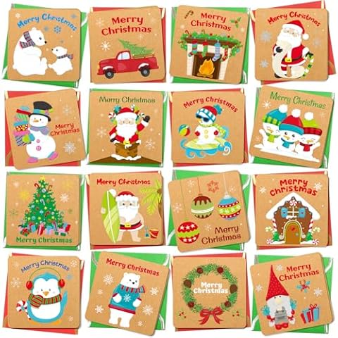 WorldBazaar Mini Christmas Greeting Cards Rustic Kraft 24PCS Cute Holiday Cards Assortment with Envelopes and Stickers Christmas Party Office Classroom Home Business Supplies Cover