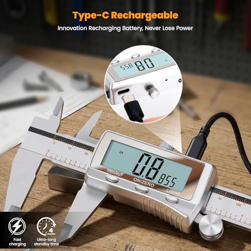 Image of HARDELL Digital Caliper, Rechargeable Caliper Measuring Tool with Backlight LCD Screen, All Metal Calipers, Auto-Off Digital Micrometer, Inch /MM /Fraction for Household /3D-Printing-Rechargeable 6 Inch
