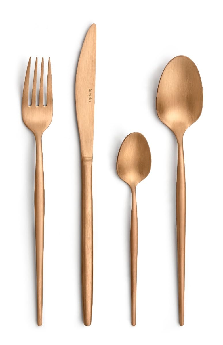Amefa SOPRANO Besteckset 16-tlg., 18/10-Edelstahl, PVD-Veredelung, Kupfer | Mattierte Oberfläche, stilvolles Dinner, elegantes Design, Kaffeelöffel, Menügabeln, Menülöffel, Menümesser, 4 Personen