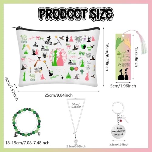 8 Pcs Witch Cosmetic Bag Merch Elphaba And Glinda Fans Gift Witch Party Favors with Witchy Themed Makeup Zipper Pouch Bag Bookmark Keychains Bracelets Necklaces Teacher Appreciation Gifts for Women2