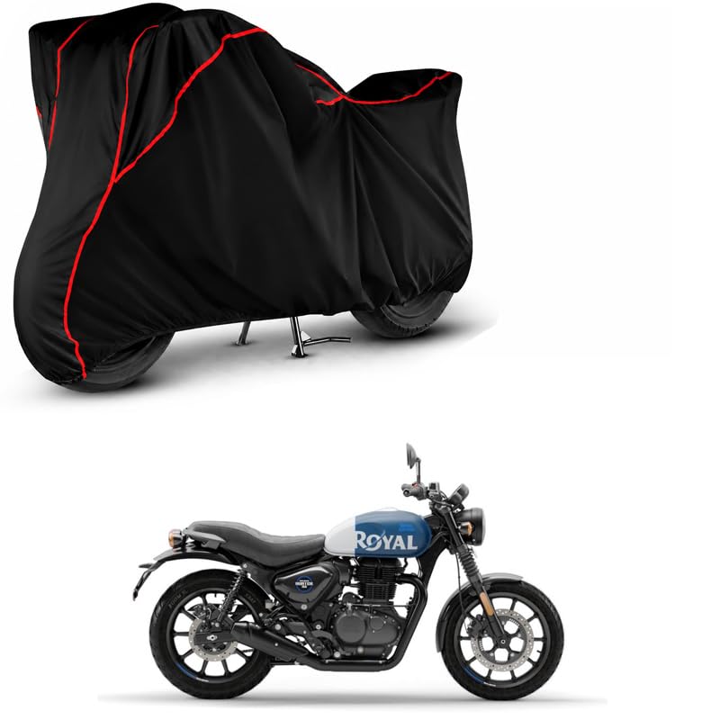 Image of AutoRox Water Resistant Bike Body Cover Compatible with Royal Enfield Hunter 350 BS6 | Bike Accessories | Motorcycle Cover | Two Wheeler Cover - Red Piping(Black)