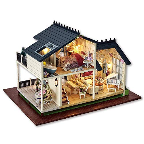 WECDS Puppenhaus Holz Puppenhaus Miniatur DIY Kit Provence Serie Puppenhaus Möbel mit LED-Licht DIY Puppenhaus (Farbe…