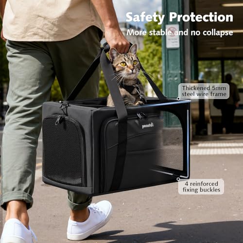 Pecute Cat Carrier Expandable, Stable Pet Carrier with 5mm Thick Steel Wire Frame, Dual-Side 200% Larger Space, Car Travel Carrier with Locking Zippers & Belt, Foldable for Storage, Dark Gray - Image 2