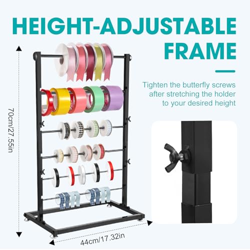 Image of 6 Tier Metal Ribbon Organizer, Height Adjustable Metal Spool Ribbon Holder Storage Organizer Rack for Craft Room Flower Shop Gift Wrapping Large Capacity 17.32 x 27.55in