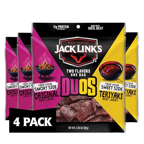 Jack Link's DUOs Original and Teriyaki Beef Jerky, Shareable Under 100 Calories Snack Packs with 11g of Protein, Bulk Pack of Individual Bags of Meat Snacks – 3.25oz (4 Count)
