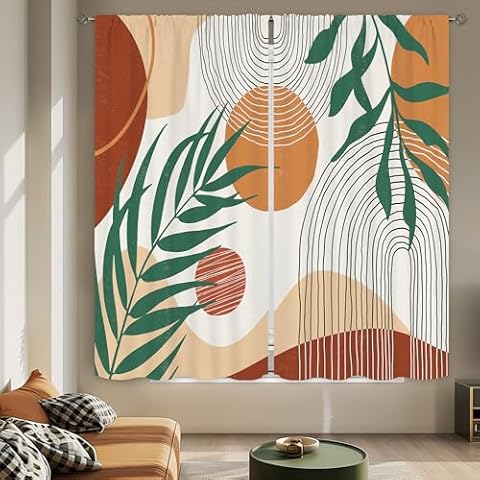 Cinbloo Boho Curtains 42Wx63H Inch Rod Pocket Modern Abstract Green Leaves Bohemian Mid Century Plant Minimalist Art Printed Arch Geometric Living Room Bedroom Window Drapes Treatment Fabric 2 Panels Cover