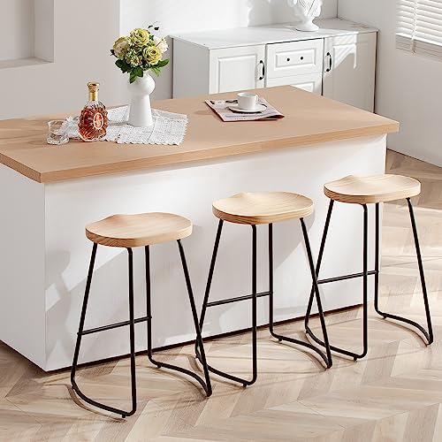 HeuGah Counter Height Bar Stools Set of 3, Solid Wood Bar Stool for Kitchen Island 26