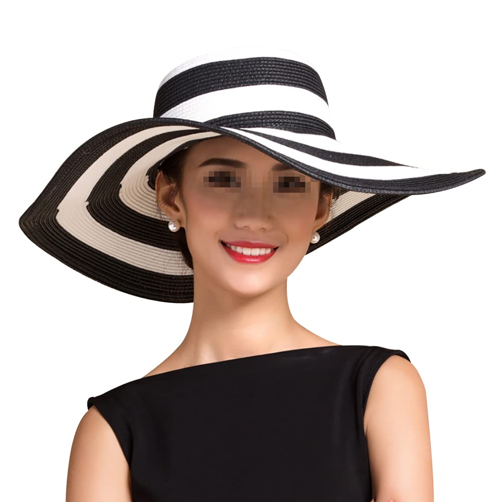GSHLLO Women's Straw Floppy Sun Hat, Black and White Striped