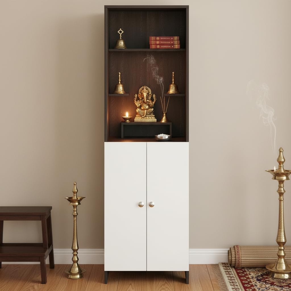 FURNEASER Anvika Engineered Wood Pooja Mandir for Home | Modern Design Temple for Home & Office | Puja Stand Shelf | Prayer Cabinet Shelf (Wenge & White)