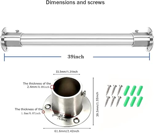 Miniatura 4 de Varilla de armario de 39 pulgadas, (1.4 in) Dia32mm.304 acero inoxidable resistente barra de armario, con 2 enchufes de brida varillas de armario