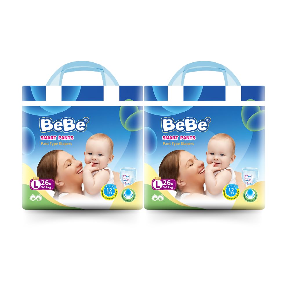 BeBe Baby Diaper Pants - Large Pack of 2, 9-14 Kg Triple Leakage Protection & Extra Comfort (52 Piece, L)