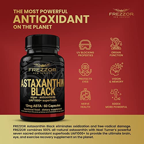 Frezzor Astaxanthin Black With Uaf1000+ Super Antioxidant, Supports Heart, Eye & Brain Health, Anti-Aging Skincare & Cellular Protection, 12Mg Astaxanthin Per Serve, 60 Softgels, 1 Month Supply #TOP7